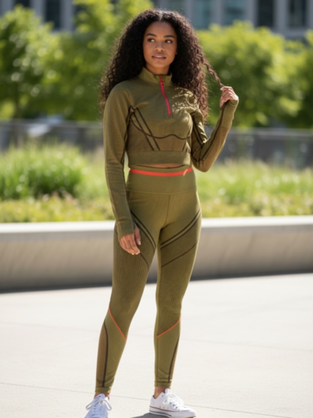 Fabletics Opal Seamless Set Olive Green High Rise Leggings Crop Quarter Zip - S